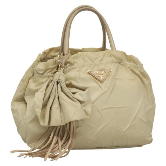 PRADA Hand Bag Nylon Beige Gold Auth 129942 - Picture 1 of 16